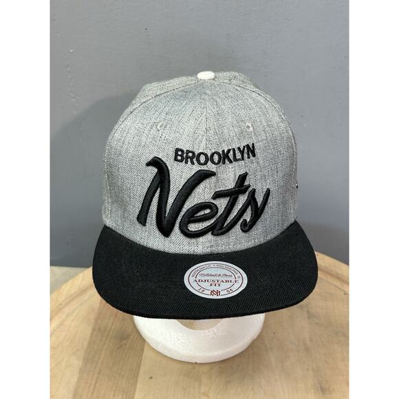 Brooklyn Nets Hat Mitchell & Ness Adjustable Strapback Cap NBA Gray Flat Bill - Picture 1 of 10